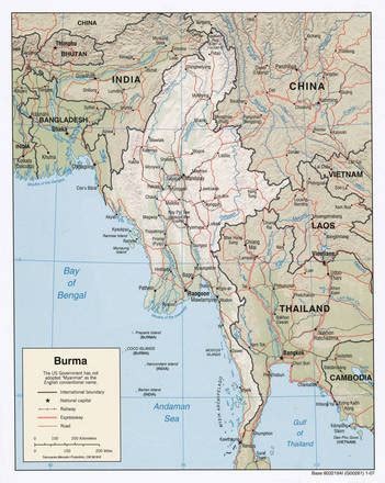 Carta Fisica Myanmar Ex Birmania Asia Meridionale Orientale