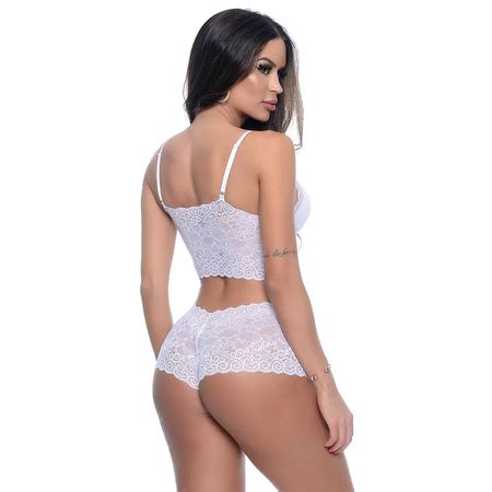 Conjunto Sensual Rendado Cropped Sem Bojo E Caleçon Hot Love