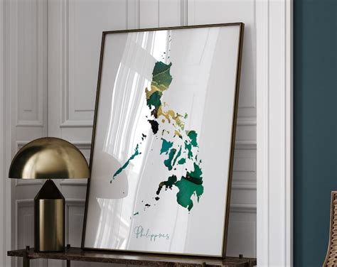 Philippines Map Emerald Green And Gold Wall Art Print Etsy