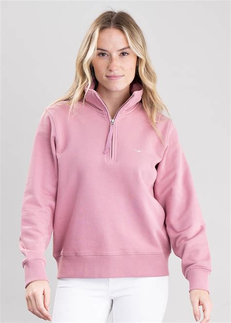 R M Williams Ladies Trickett Zip Neck Sweatshirt Pale Pink High Flyers