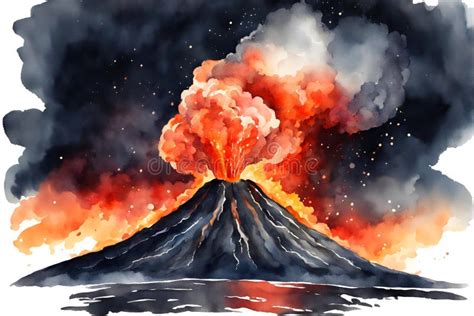 Watercolor Illustration Of A Volcanic Eruption Mountain At Night Stock