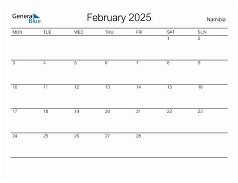 February 2025 - Namibia Monthly Calendar with Holidays