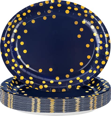 Twowyhi 50pcs 12inch Oval Paper Plates Blue And Gold