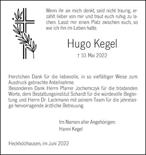 Traueranzeigen Von Hugo Kegel Vrm Trauer De