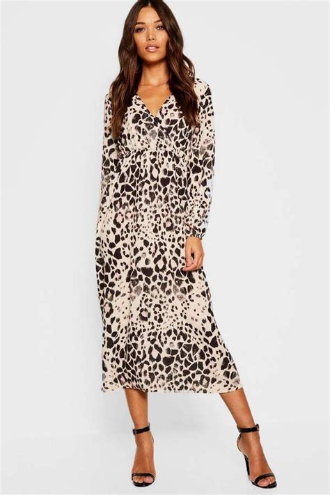 Boohoo Leopard Print Long Sleeved Bodycon Midi Dress Midi Dress