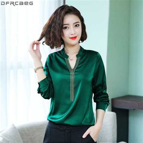 Fashion Korean Style V Neck Satin Blouses Women Elegant Ol Slim Long