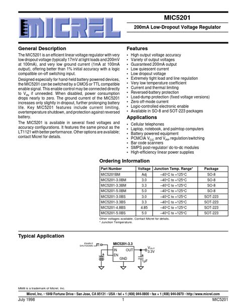 MIC5201 Regulator Datasheet Distributor Stock And Price