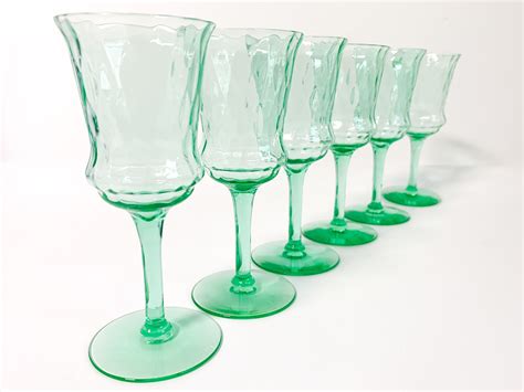 6 Vintage Green Diamond Optic Wine Glasses By Tiffin Franciscan Set Six Retro Stemware Barware