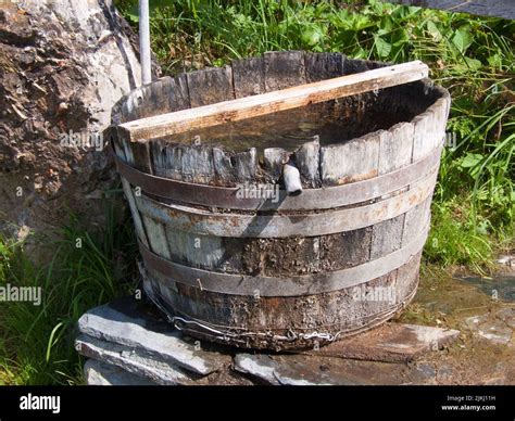 A Closeup Shot Of An Old Wooden Barrel Filled With Water Stock Photo