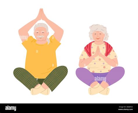 Old Men And Women Do Yoga Cartoon Healthy Active Lifestyle Older