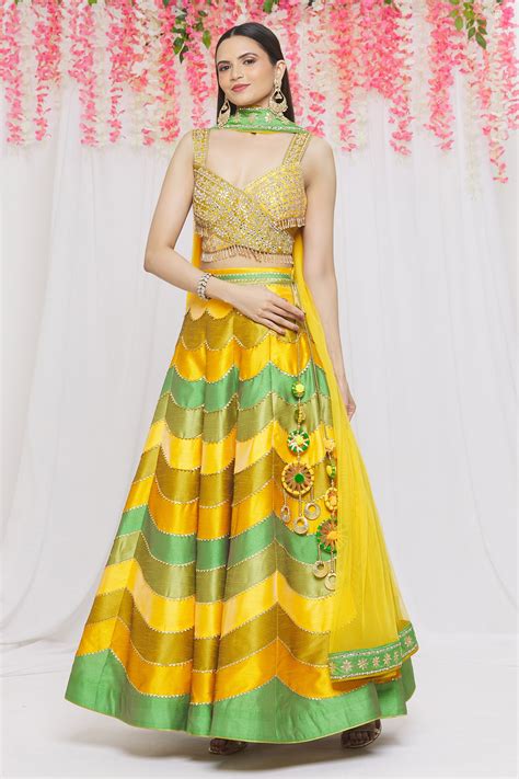 Buy Yellow Dupion Silk Embroidery Lace V Neck Colorblock Lehenga Set