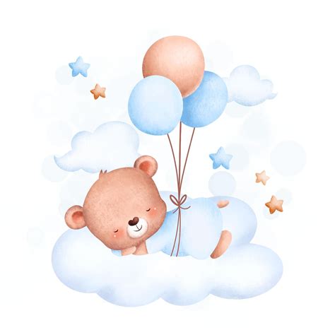 Ilustración Acuarela Lindo Bebé Oso Y Globos Durmiendo En La Nube