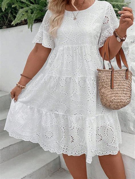 Plus Eyelet Embroidery Ruffle Hem Smock Dress In 2024 Short Lace