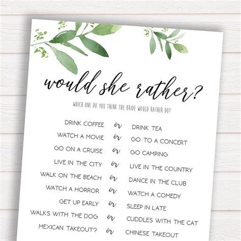 A Printable Wedding Game With The Words Would She Rather Be Father