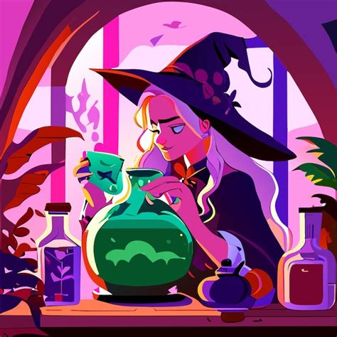 Premium Vector Witch Preparing A Potion Hand Drawn Cartoon Sticker