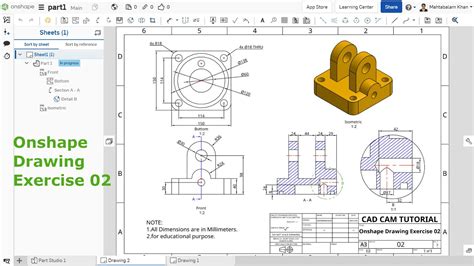 Onshape Drawing Exercise 02 Projected View Section View And Detail