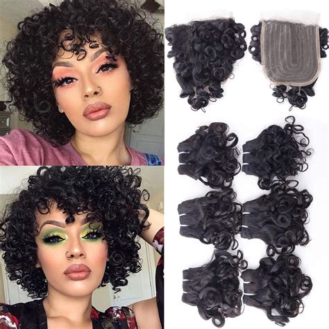 Peruvian Curly Hair Bundles Short Bob Wavy Curly Human Hair Bundles With Closure 10a Ocean Weave