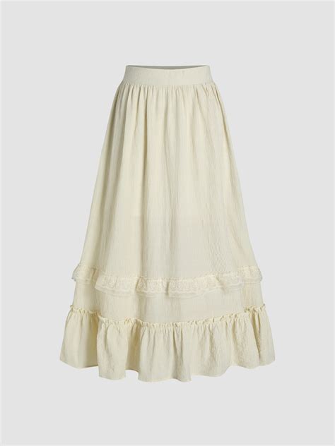 Lace Woven Solid Ruffle Lace Trim Tiered Maxi Skirt For Daily Casual