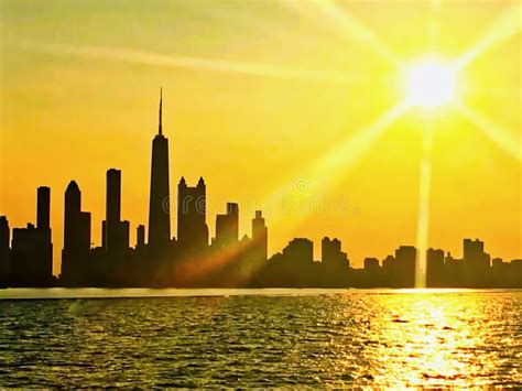 Chicago Skyline Seen From Lake Michigan, With Sunset And Sunbeams ...