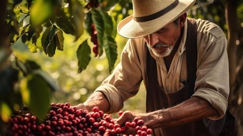 Premium Photo Farmer Harvesting Ripe Coffee Cherries In A Shaded