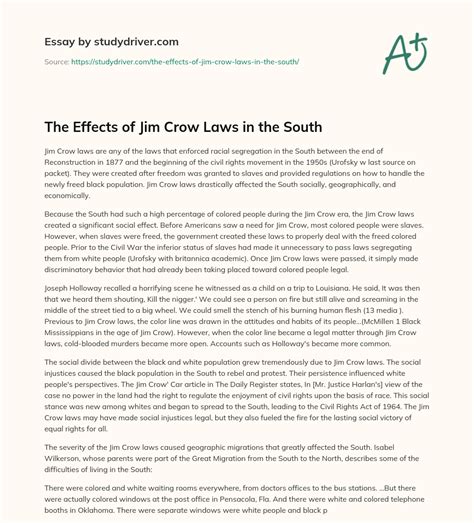 The Effects of Jim Crow Laws in the South - Free Essay Example - 1111