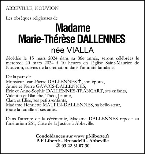 Avis De Décès De Marie Thérèse Dallennes Pompes Funèbres Liberté