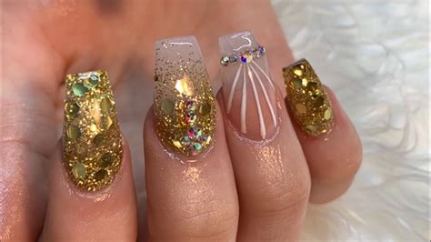 Acrylic Nail Full Set Gold And Pink Youtube