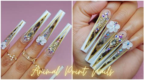 VFRENCH NAILS WITH CHEETAH PRINT 3D FLOWERS COFFIN NAILS ACRYLIC