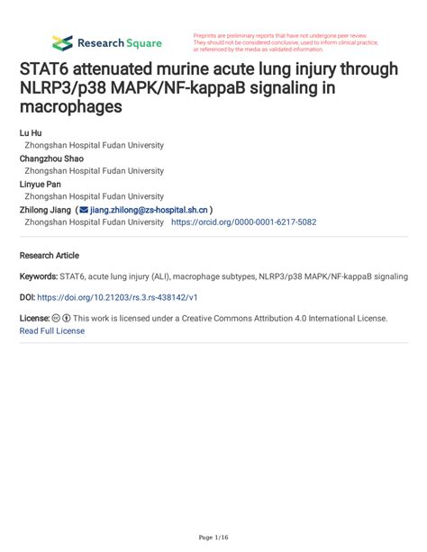 Pdf Stat6 Attenuated Murine Acute Lung Injury Through Nlrp3p38 Mapk