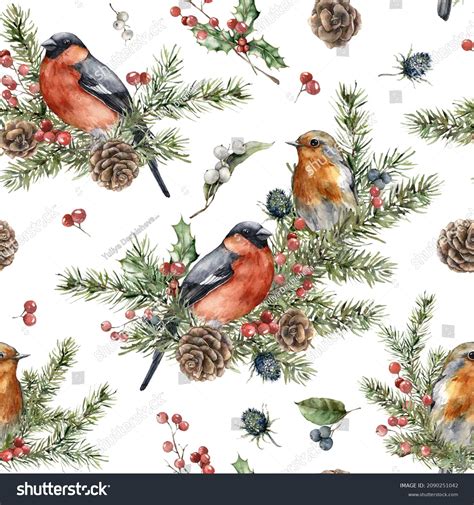 Watercolor Christmas Seamless Pattern Of Red Bullfinch Robin And Spruce