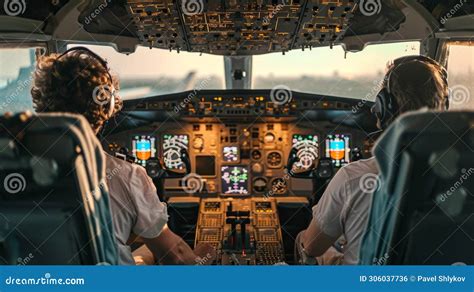 Flight Deck Of Modern Passenger Aircraft Cockpit View In Flight During