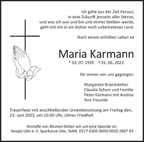 Traueranzeigen von Maria Karmann Südwest Presse Trauer