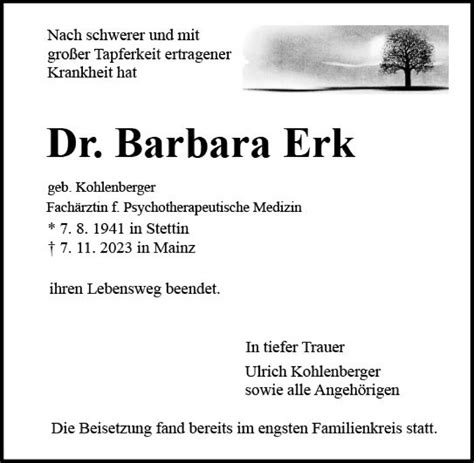 Traueranzeigen Von Barbara Erk Vrm Trauer De