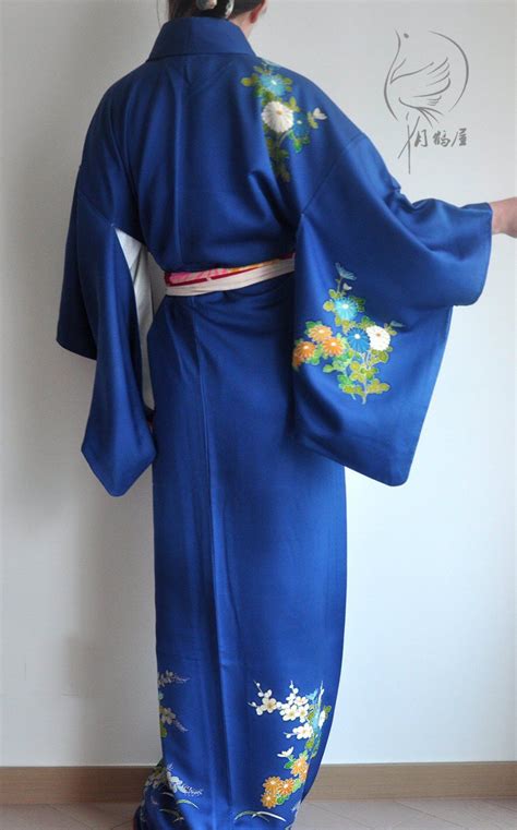 Japanese Tsukesage Silk Long Kimono Robe Vintage Blue Floral Visiting