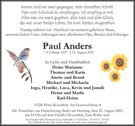 Traueranzeigen Von Paul Anders Trauer Anzeigen De