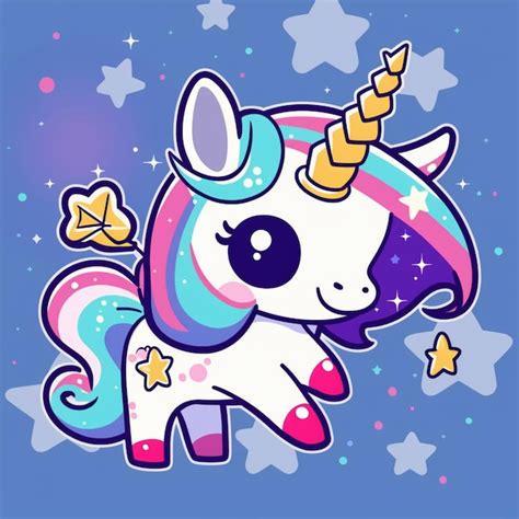 Unicornio De Dibujos Animados Con Estrellas Y Una Mariposa Sobre Un