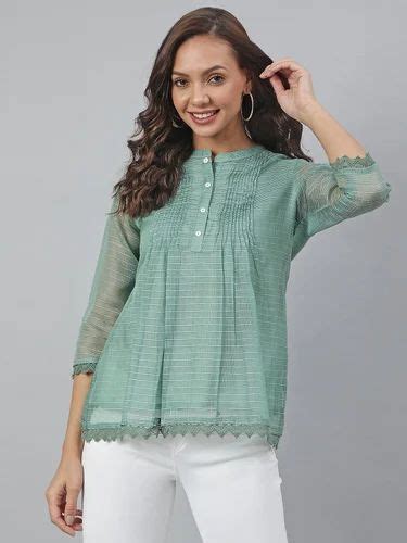 Janasya Women S Green Kota Doria Embellished Regular Top At Rs 449