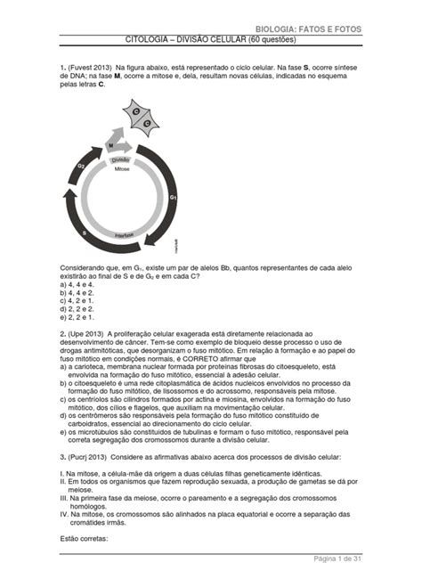 Exercicios Sobre Divisao Celular - Exercícios sobre Divisão Celular 8º Ano | PDF | Meiose | Mitose