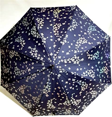 Parapluie femme long automatique bleu marine imprimé papillons argentés