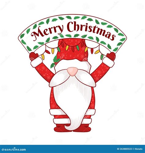 Merry Christmas Vector Card With Cute Hand Drawn Gnome And Lettering