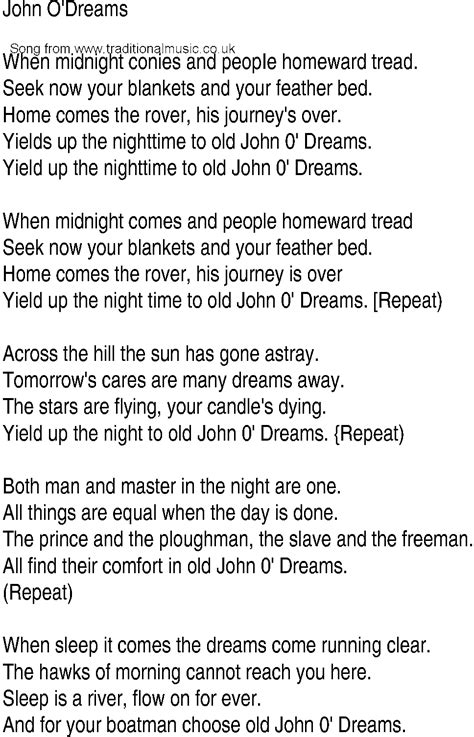 Irish Music Song And Ballad Lyrics For John O Dreams