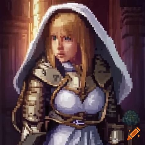 Pixel Art Of A Stunning Female Cleric In Armor With A White Hood In A