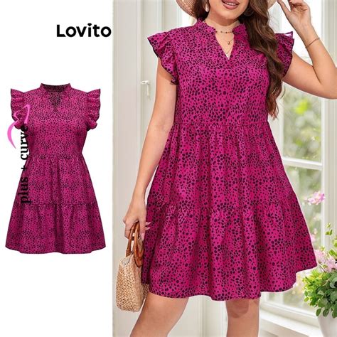 Lovito Plus Size Curve Romantic Polka Dot Ruffle Printing Dress For