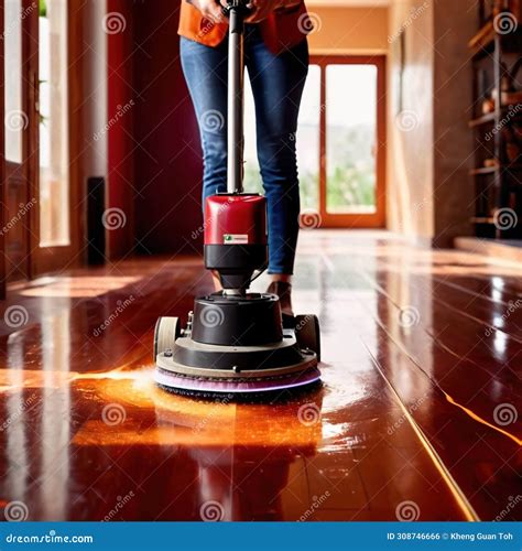Worker Polishing Floor With Polishing Machine, Maintenance Janitorial