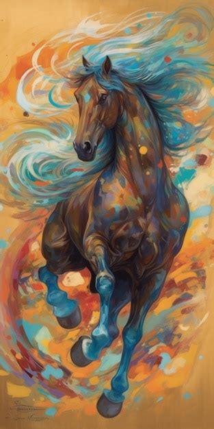 Uma Pintura De Um Cavalo Uma Crina Azul Foto Premium