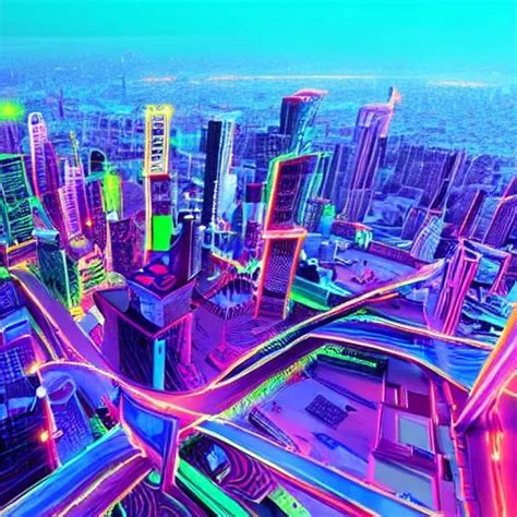 Neon Colored View Of Dystopian City With Futuristic Openart