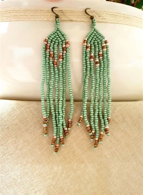 Beaded Native Earrings Dangle, Green Seed Bead Earrings, Southwestern ...