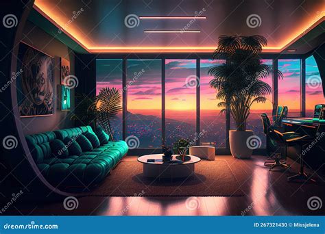 Futuristic Interior Room With Open View In Residential Building Modern