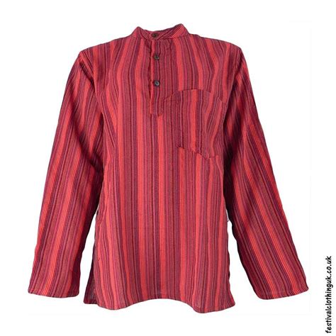 Striped Collarless Grandad Shirt Red Medium Festival Shirts