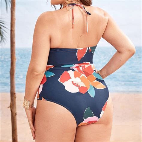 Colorful Floral Print Halter One Piece Swimsuit Beautiemay® Shapewear